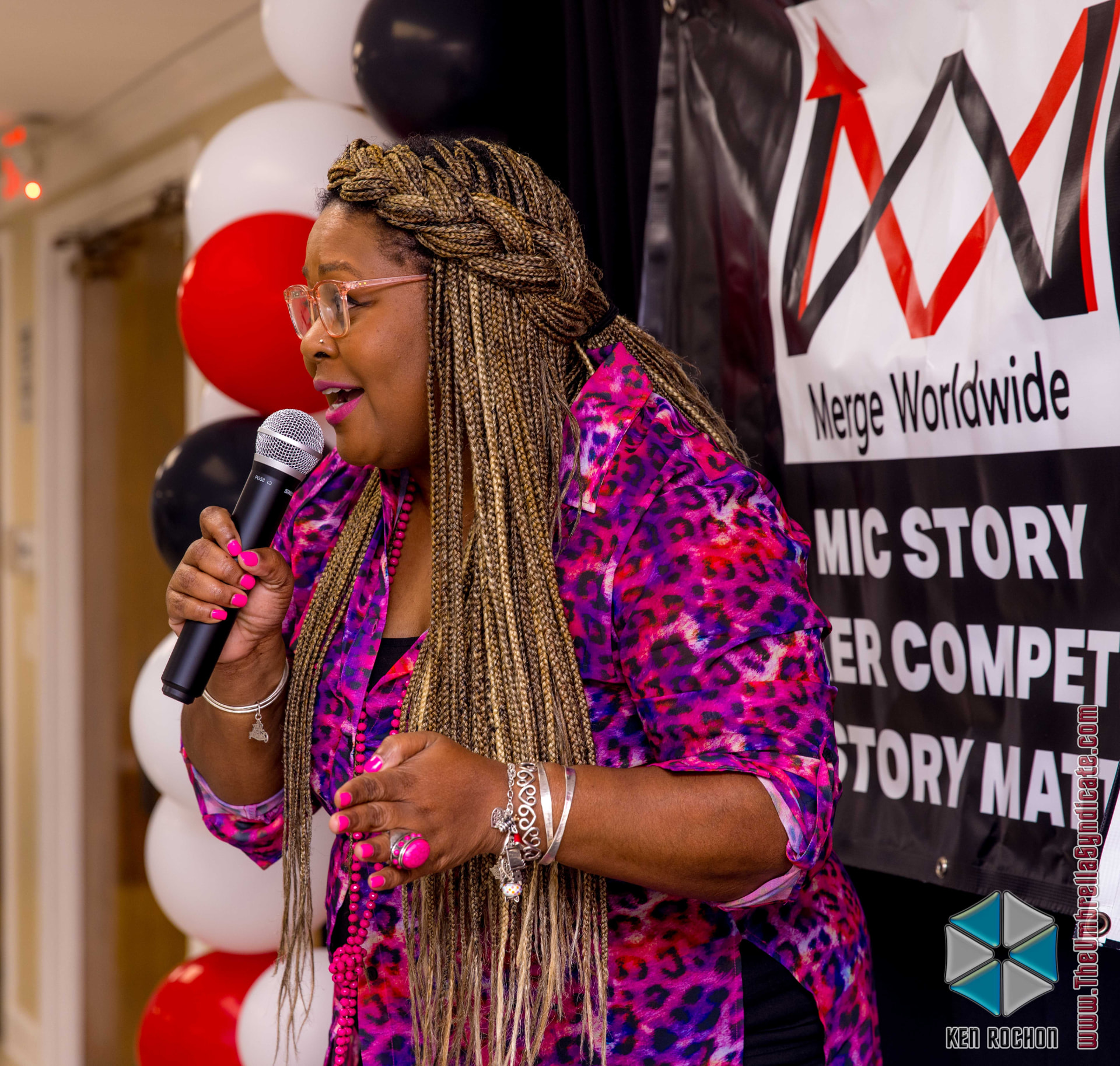 Dr. Carolyn hosting the Merge Worldwide Mic Story competition